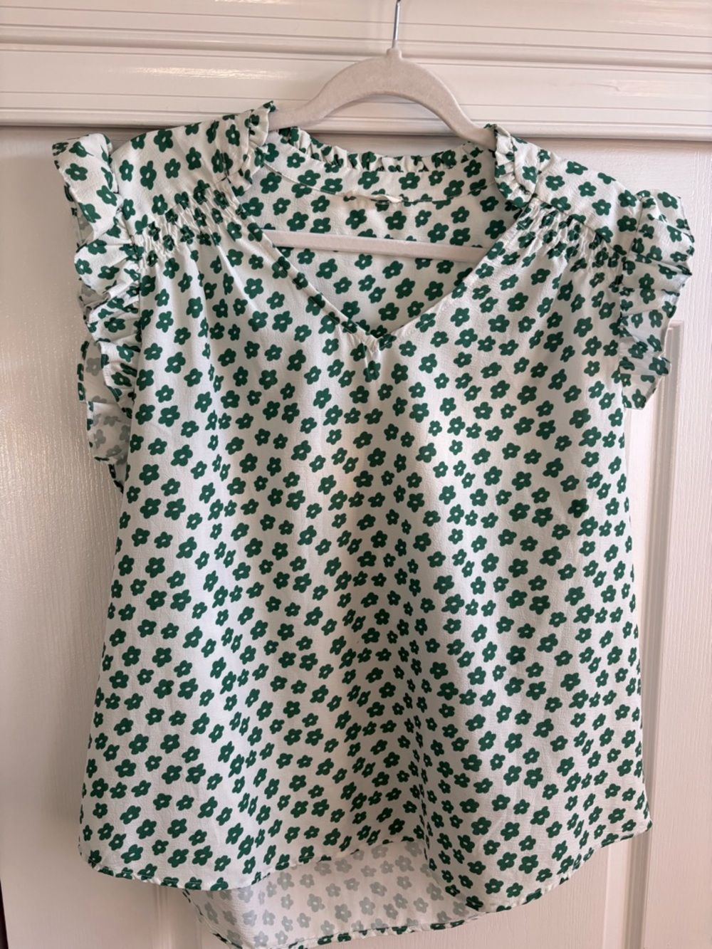 Kori White Blouse with Green Floral Print and Ruffle Sleeves